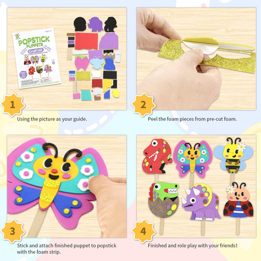 VKPI Butterfly popstick puppet kit promotes fine motor skills through colorful foam pieces.
