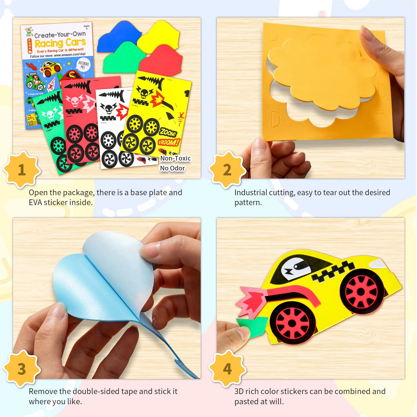 VKPI unfinished foam racing cars waiting for kids' colorful sticker decorations.