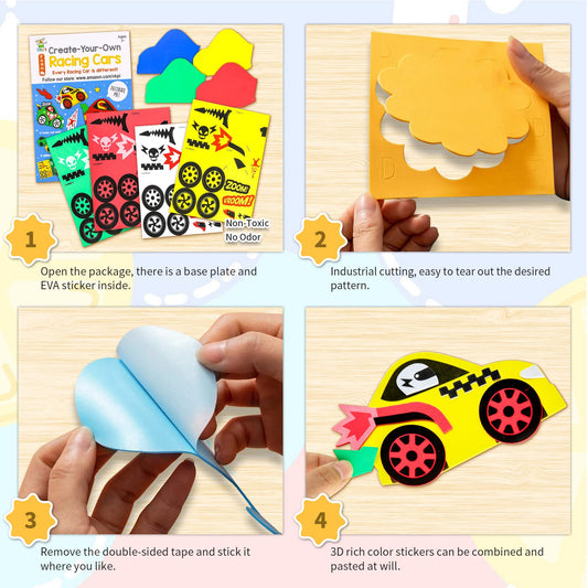 VKPI unfinished foam racing cars waiting for kids' colorful sticker decorations.