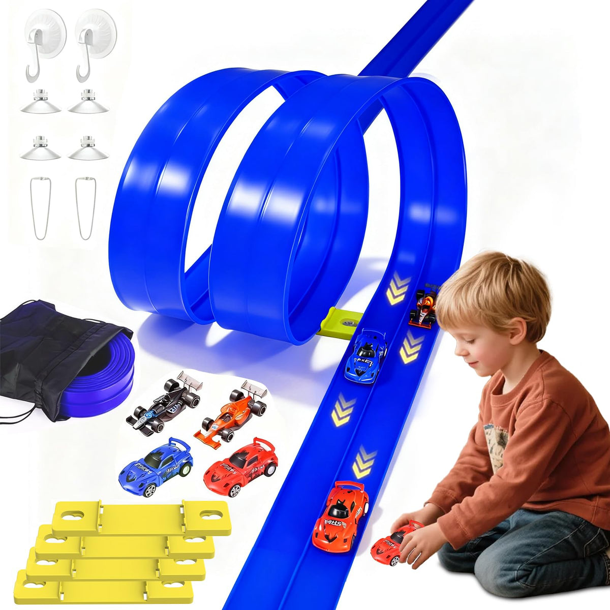 Vlkslasy 20ft flex-track setup on a table for extended play.