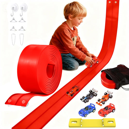 Vlkslasy 20ft flexible racetrack stretched for imaginative play and quick setup.