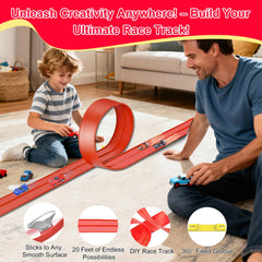 Vlkslasy two-lane DIY racetrack ready for versatile car racing across surfaces.