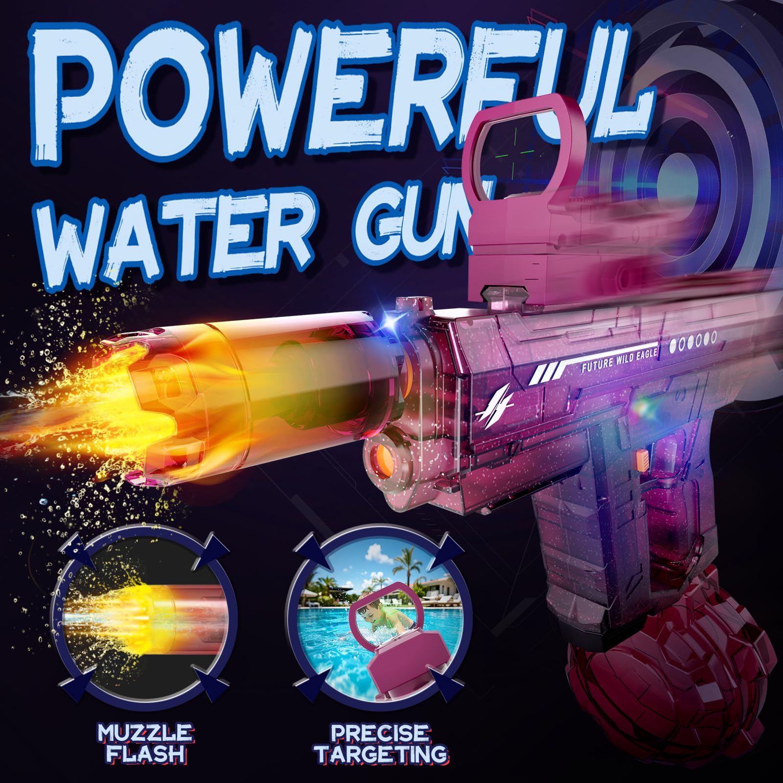 Vmiya electric water gun 800cc capacity reduces refills during water fights.