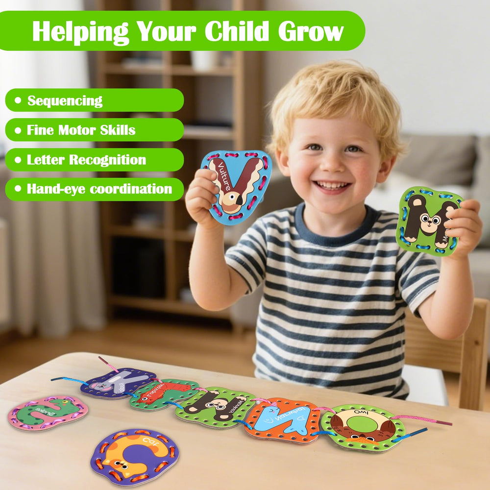 Vodolo animal-scene lacing cards engage kids by hiding letters in animals
