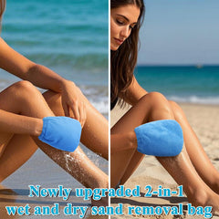 Vodolo sand wipe off mitt on beach scene for quick sand removal