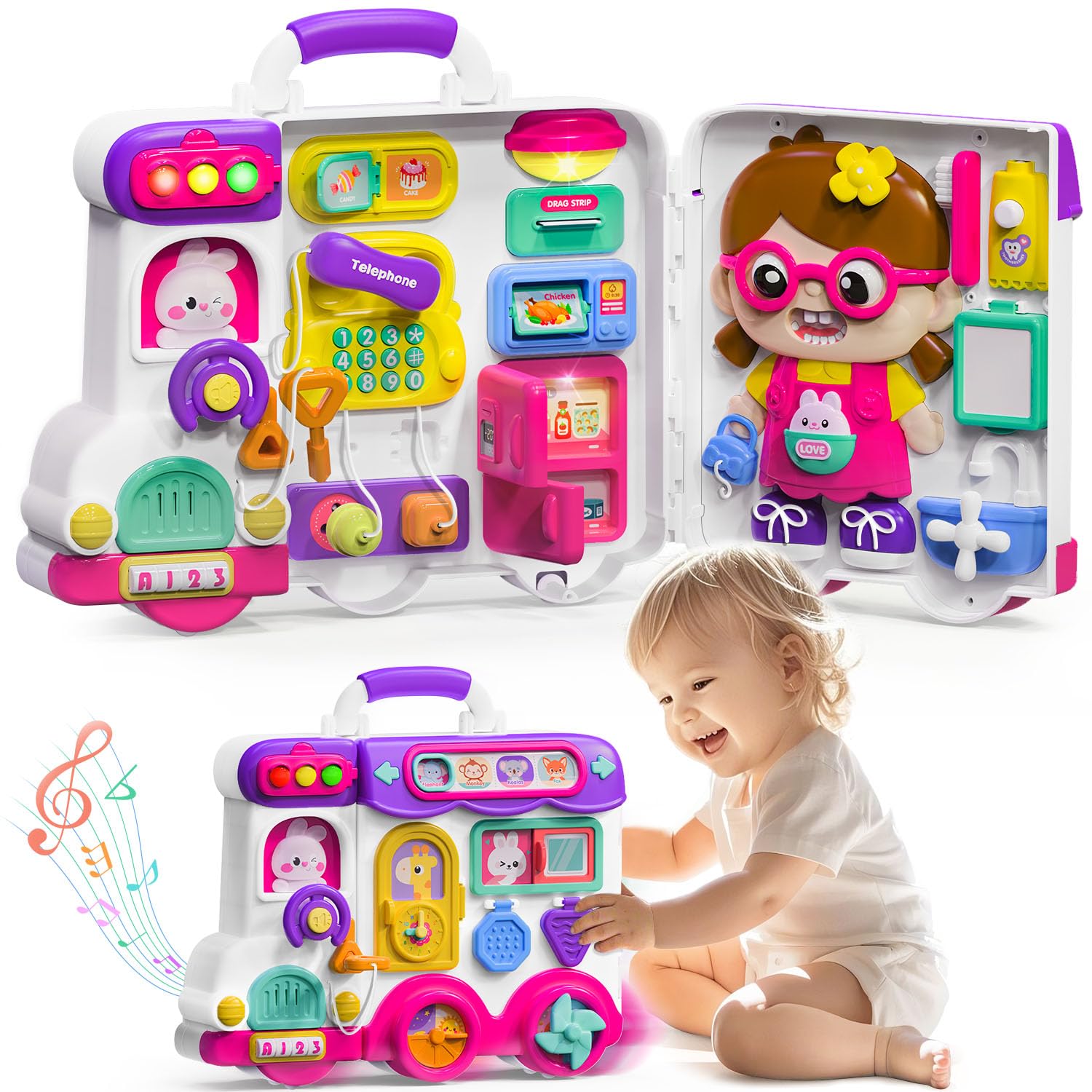 VOILBTOY Busy Board with colorful cartoon design and wheels for mobile play.