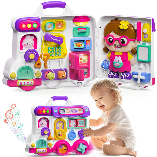 VOILBTOY Busy Board with colorful cartoon design and wheels for mobile play.