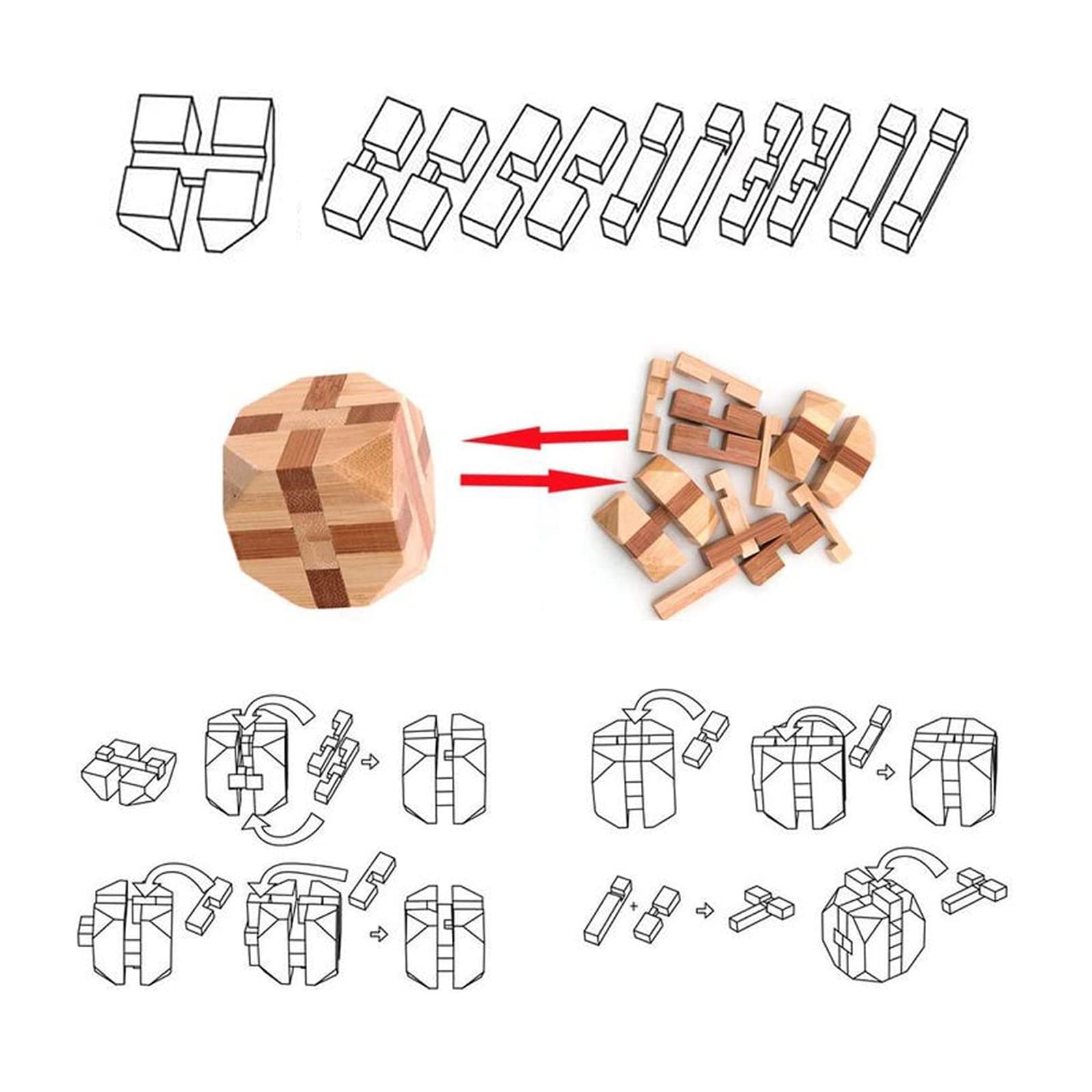 VolksRose wooden brain teaser puzzle pieces spread out, highlighting the clever tenon-and-tenon design.