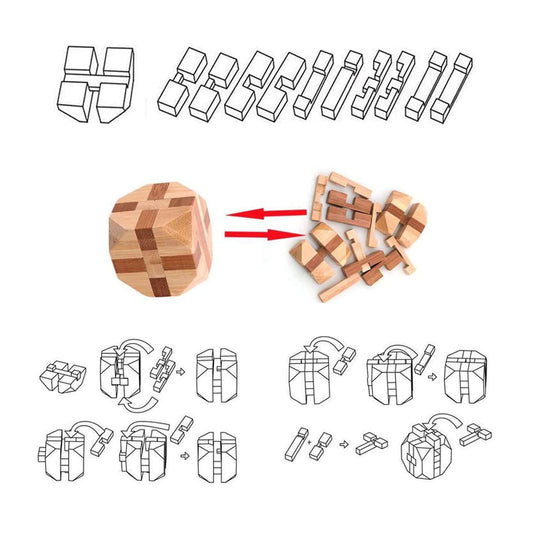 VolksRose wooden brain teaser puzzle pieces spread out, highlighting the clever tenon-and-tenon design.