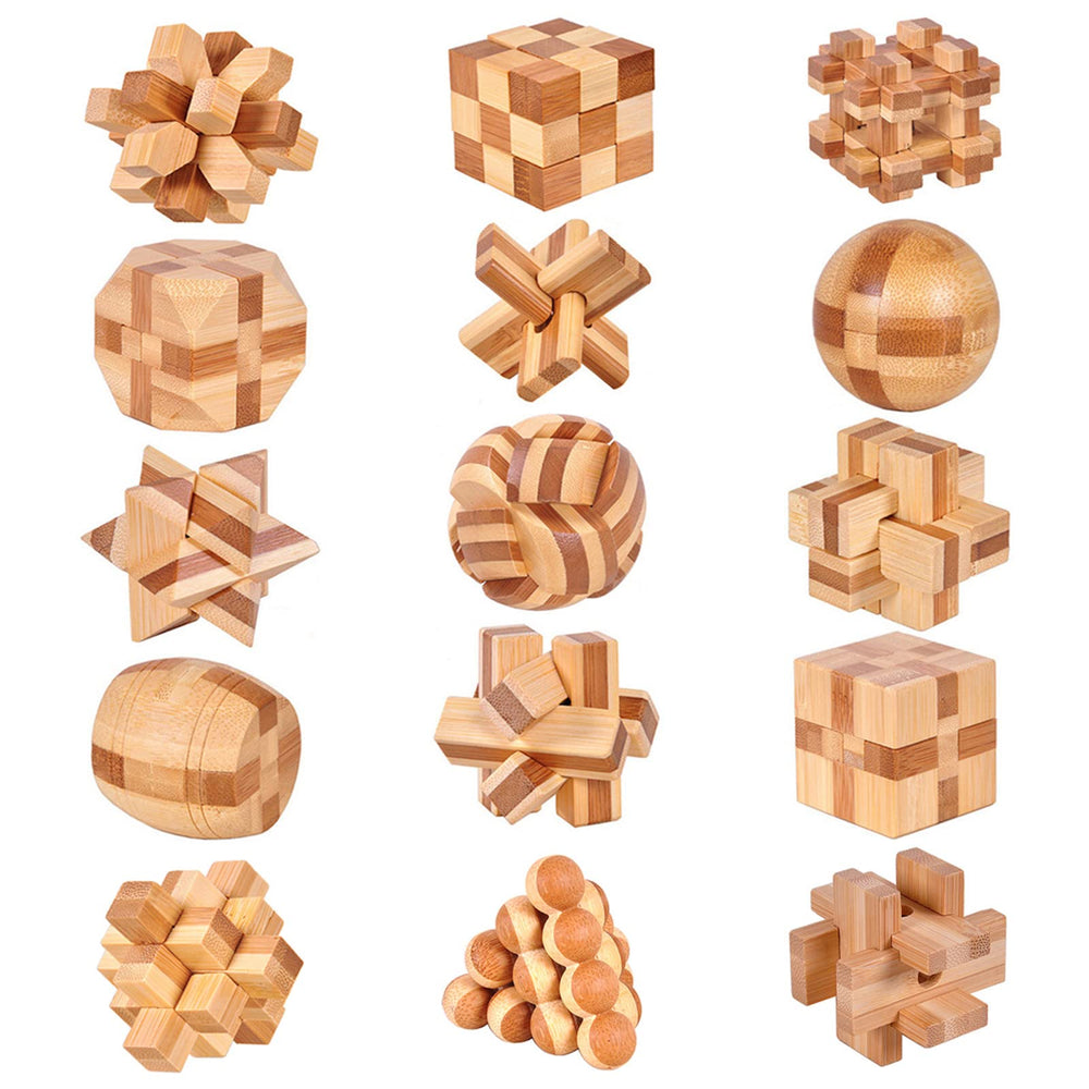 VolksRose 15pc wooden brain teaser puzzles on desk to boost focus and problem solving.