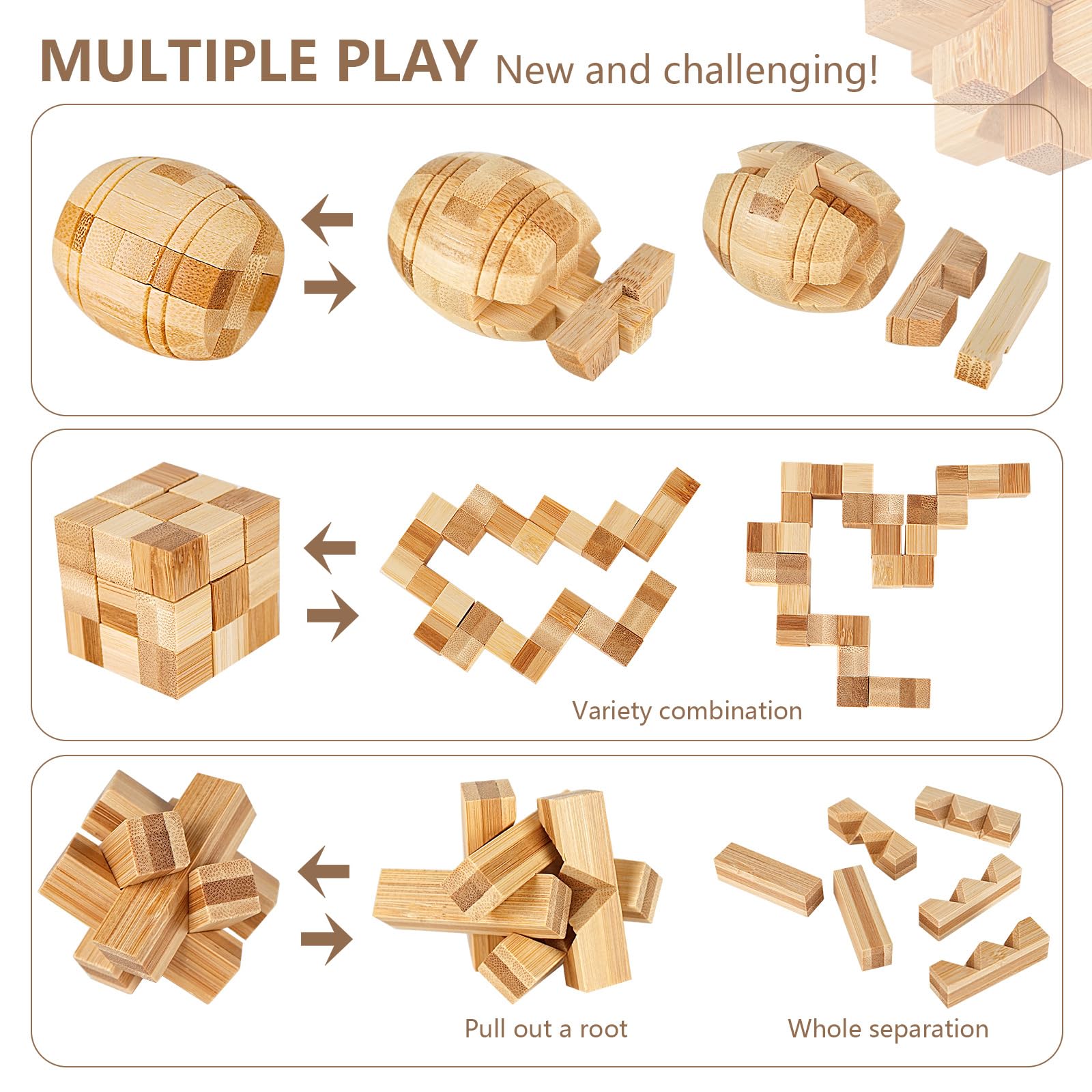 VolksRose travel-friendly wooden brain teaser, compact for on-the-go mental challenges.