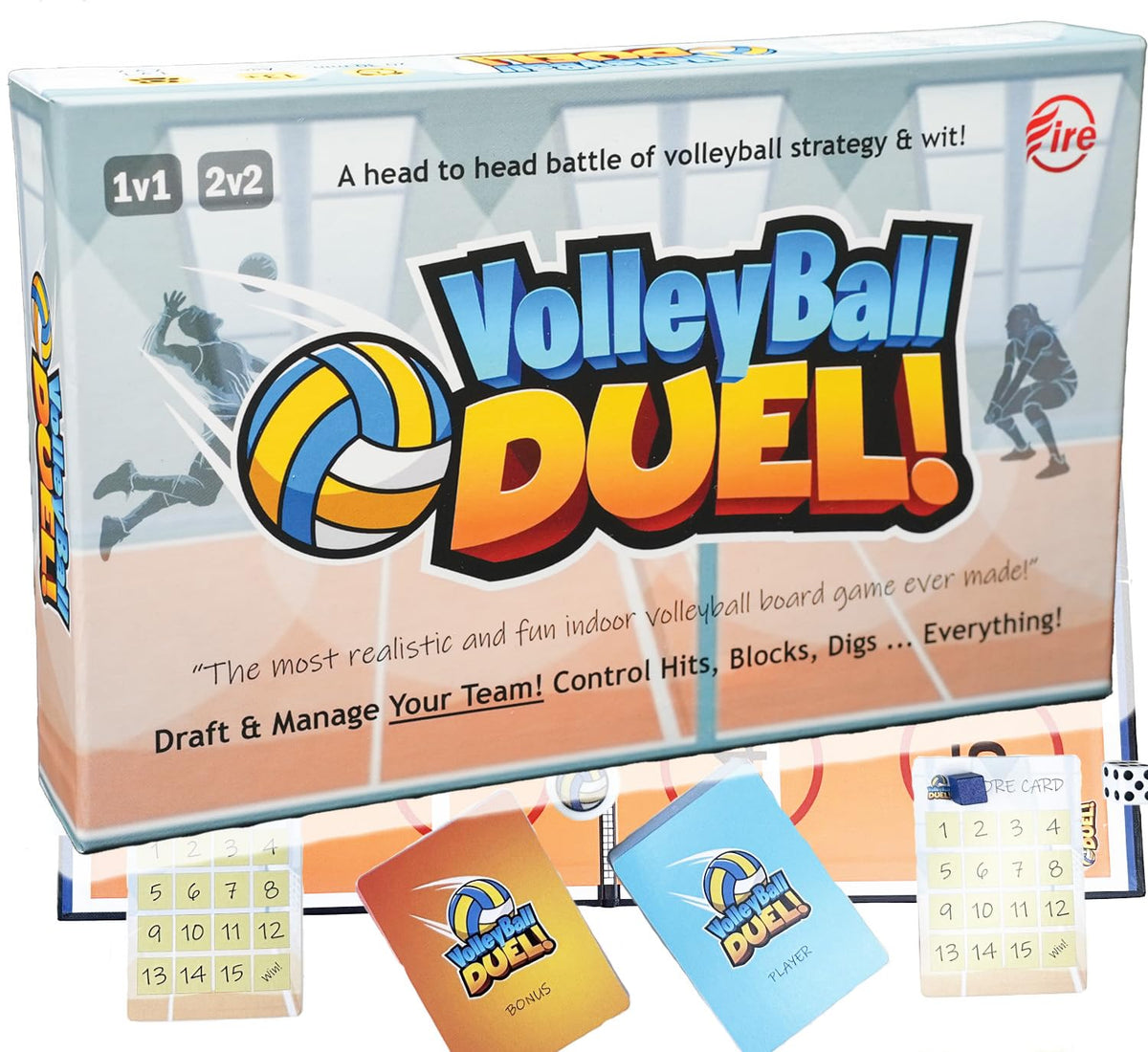 Volleyball Duel! board game court layout shows a real court-inspired playing surface.
