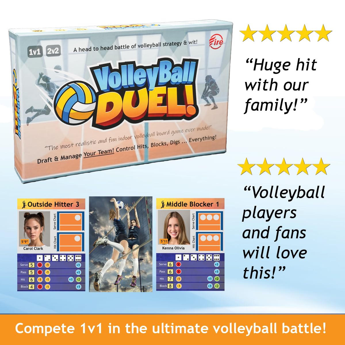 Volleyball Duel! dice and score markers keep scorekeeping intuitive during rounds.