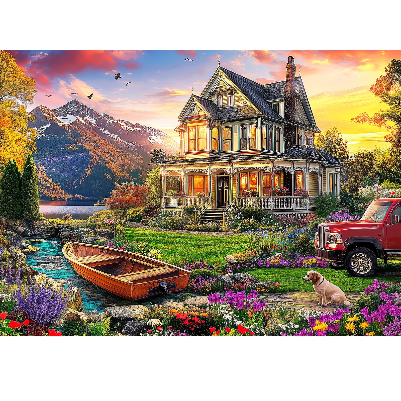VOLUVOLU autumn landscape puzzle with villa and dogs for calming downtime at home