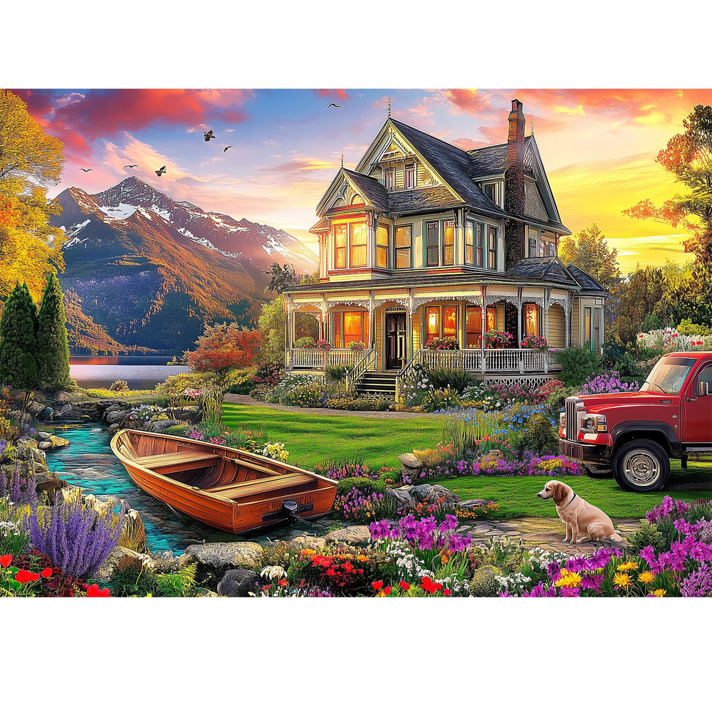 VOLUVOLU autumn landscape puzzle with villa and dogs for calming downtime at home
