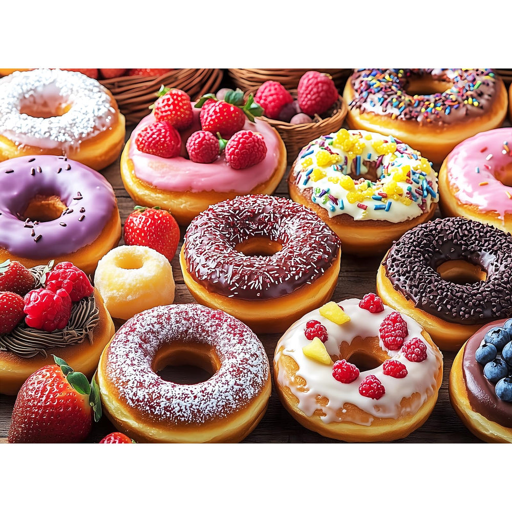 VOLUVOLU donut puzzle: glossy glazed donuts for a colorful, family-friendly challenge.
