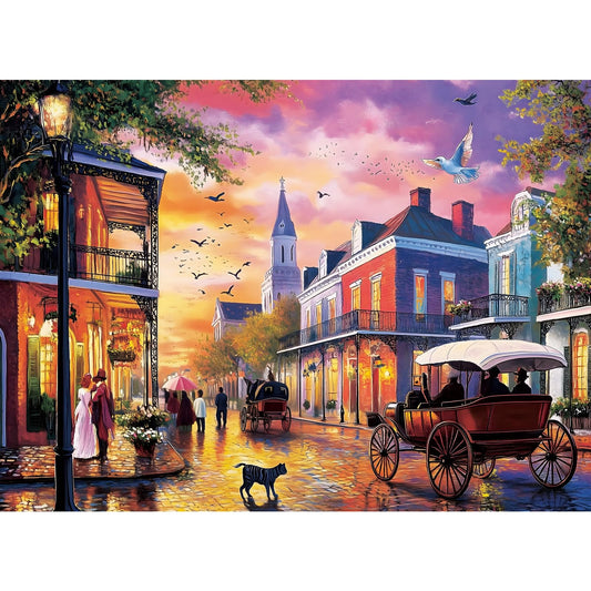 Voluvolu evening street puzzle featuring a carriage scene, perfect for relaxed family evenings.