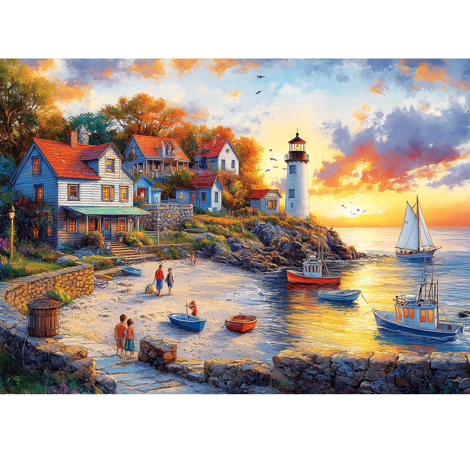 VOLUVOLU fall seaside puzzle: fishing village at dusk for calm evenings.