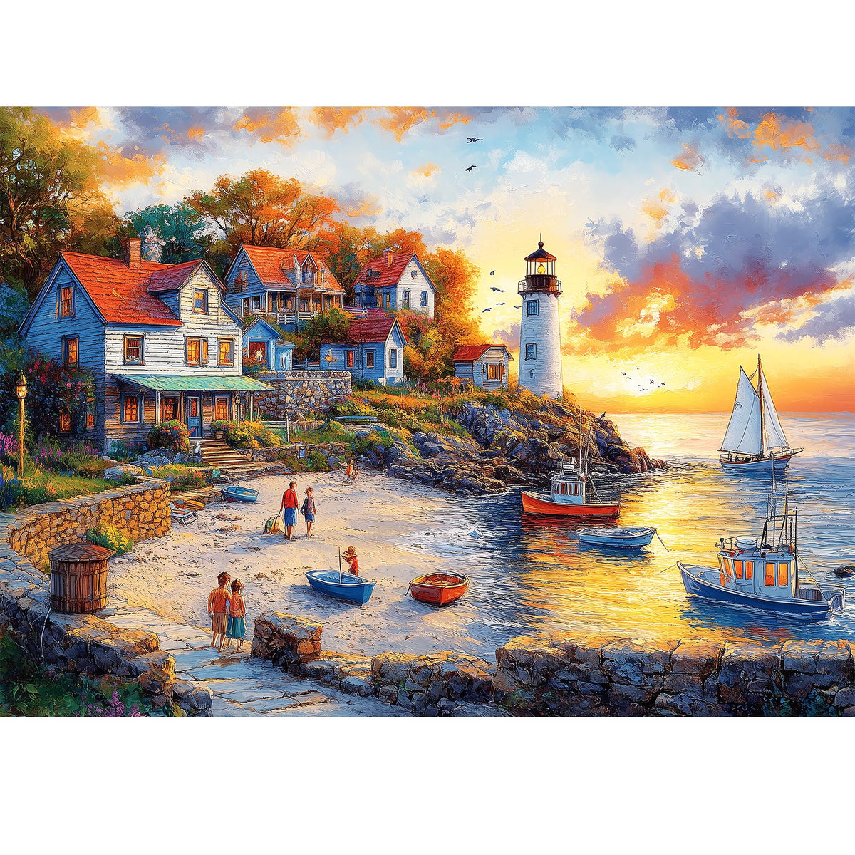 VOLUVOLU fall seaside puzzle: fishing village at dusk for calm evenings.