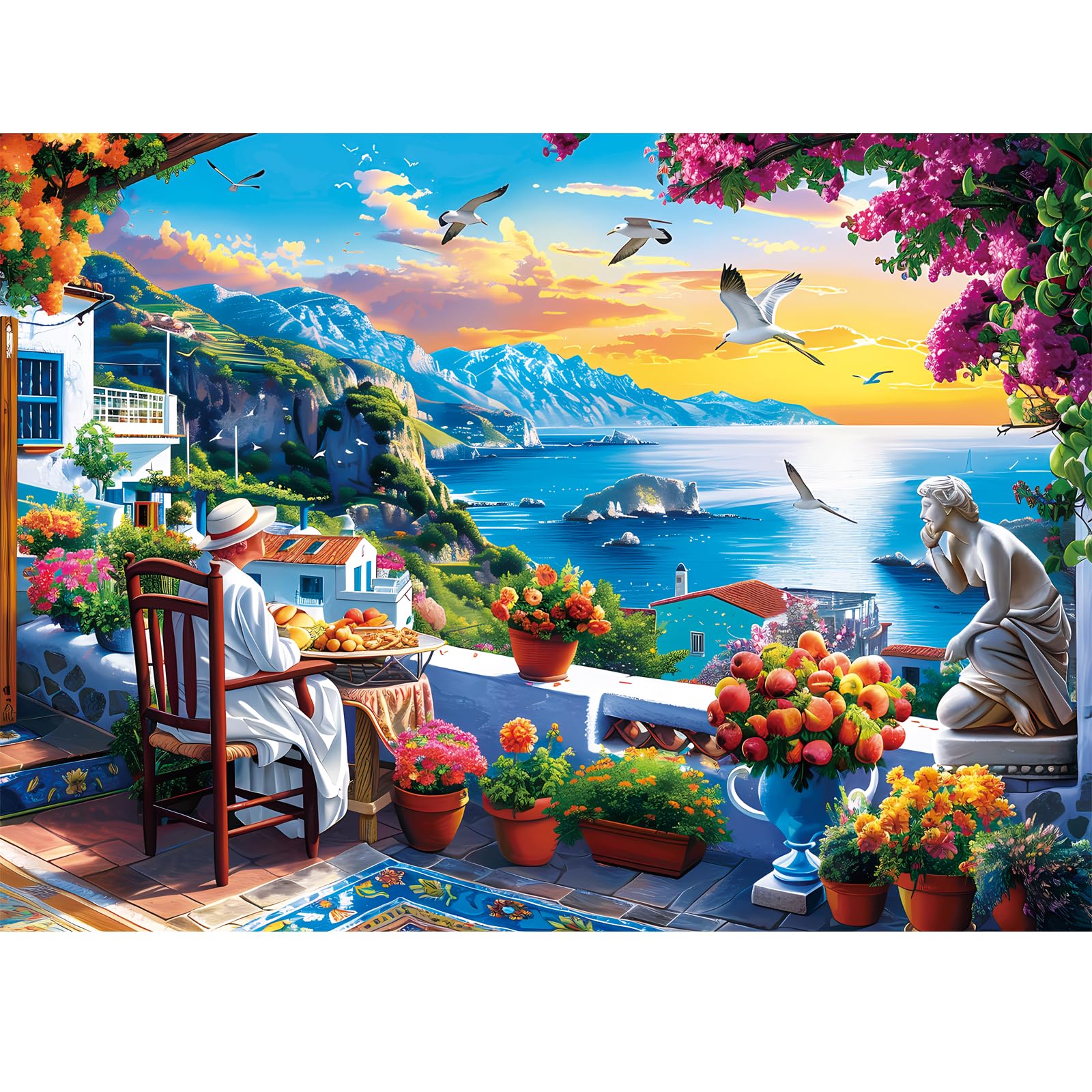 Voluvolu seafront puzzle 500 pieces shown in a sunny seaside setting for relaxed family evenings.