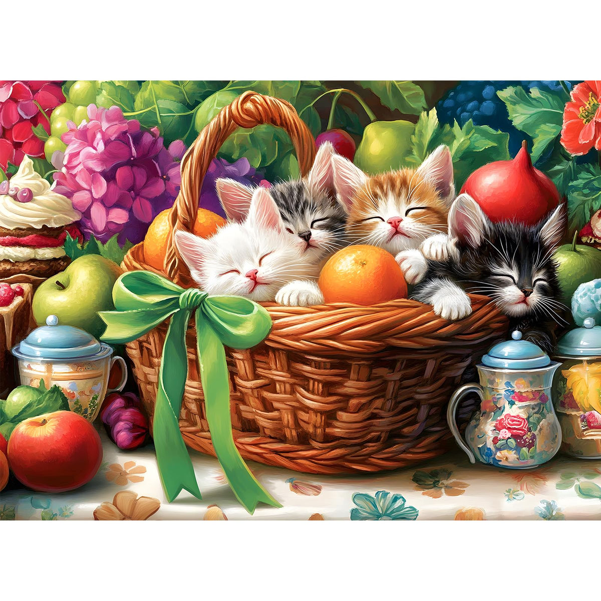 VOLUVOLU fruit basket cat puzzle box—four sleepy cats for relaxing family nights.