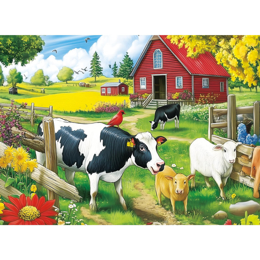 VOLUVOLU Pasture Cows Puzzle featuring grazing cows beside a rustic barn for family time.