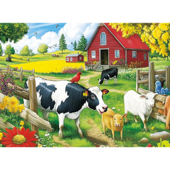 VOLUVOLU Pasture Cows Puzzle featuring grazing cows beside a rustic barn for family time.