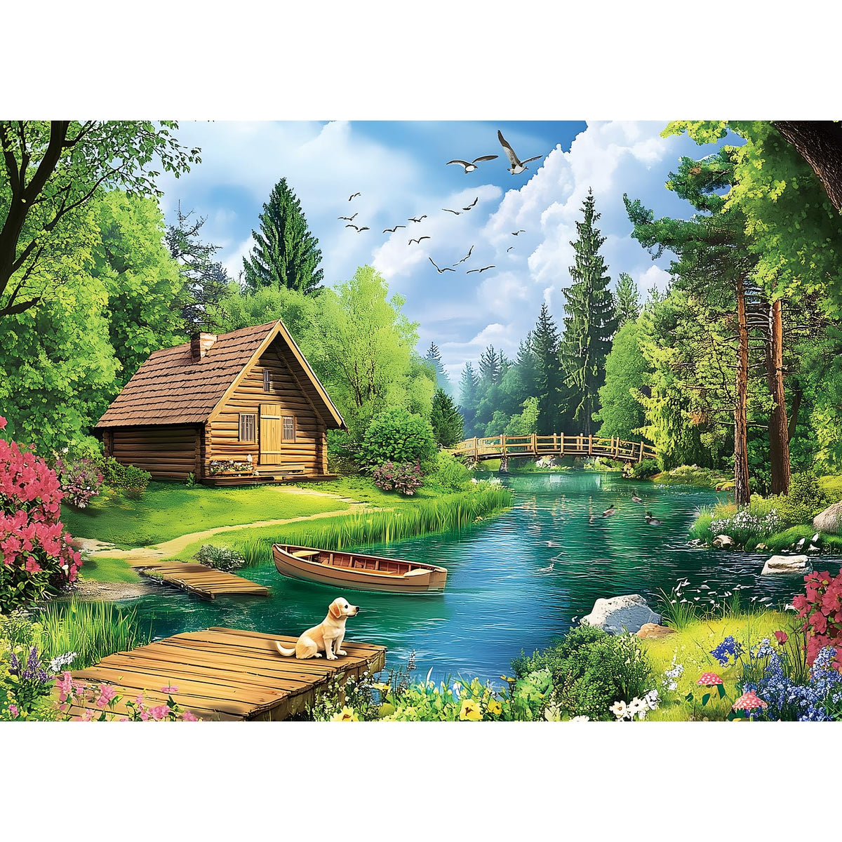 VOLUVOLU summer landscape puzzle featuring a lake and wooden cabin with dogs, ideal for relaxing evenings.