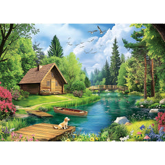 VOLUVOLU summer landscape puzzle featuring a lake and wooden cabin with dogs, ideal for relaxing evenings.