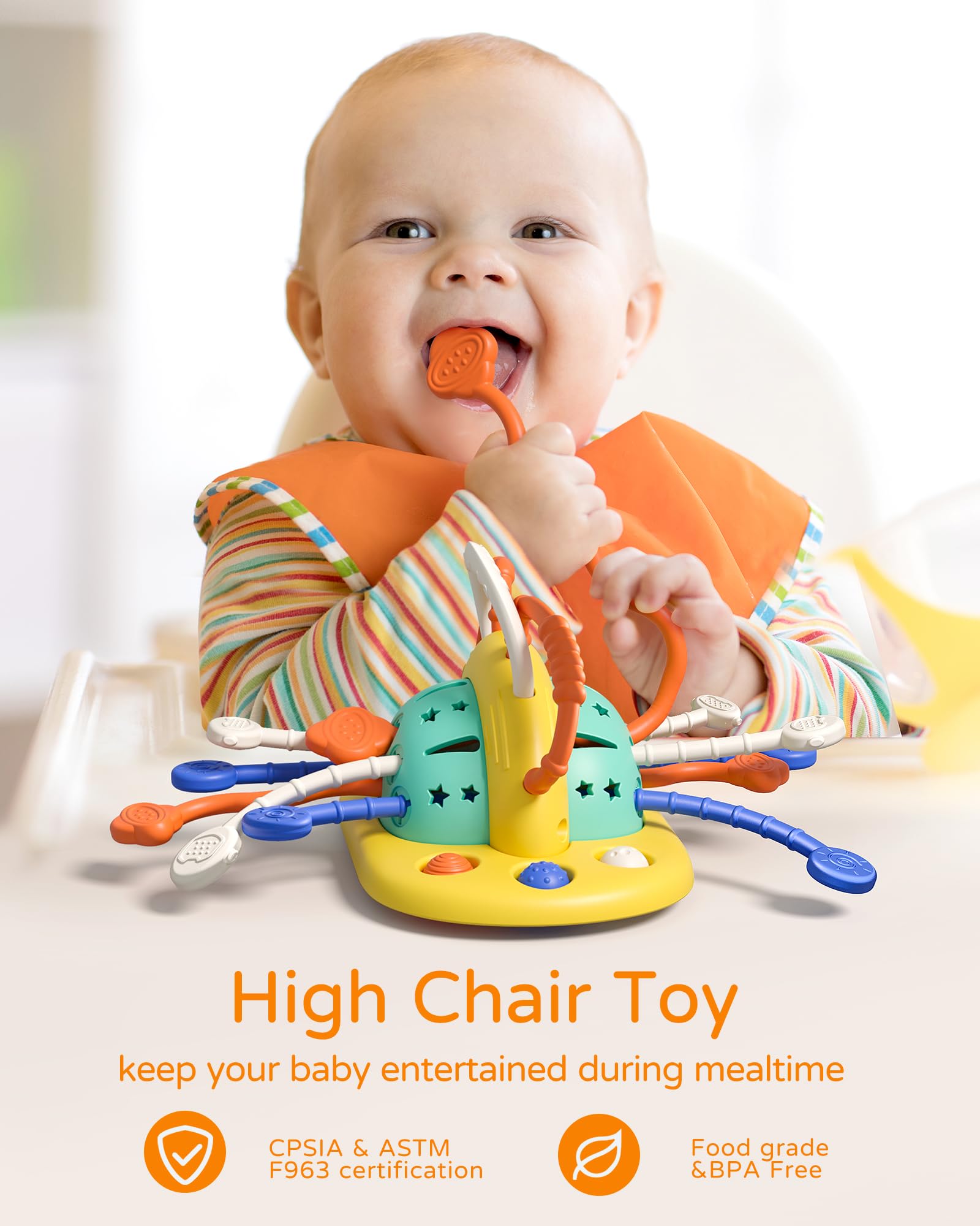 VoMii silicone pull-string toy is easy to clean and safe for baby teething