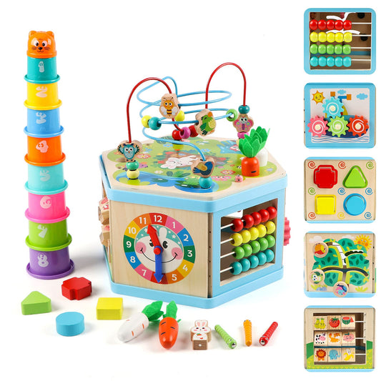 Vomocent wooden activity cube bead maze enhances hand-eye coordination for toddlers