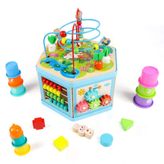 Vomocent wooden activity cube clock with movable hands supports early time concepts