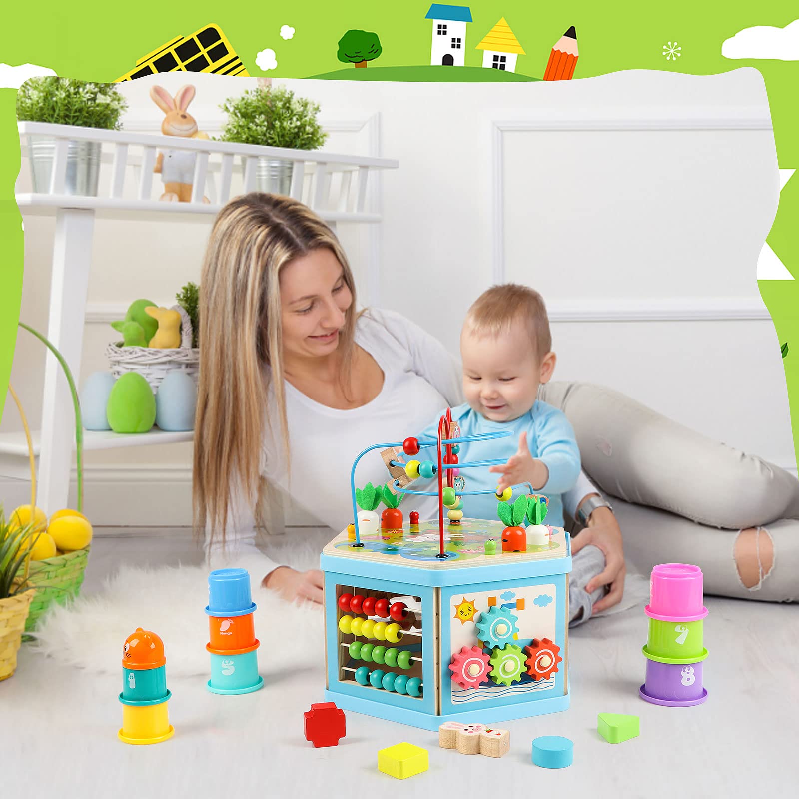 Vomocent wooden activity cube sliding animals promotes fine motor skills