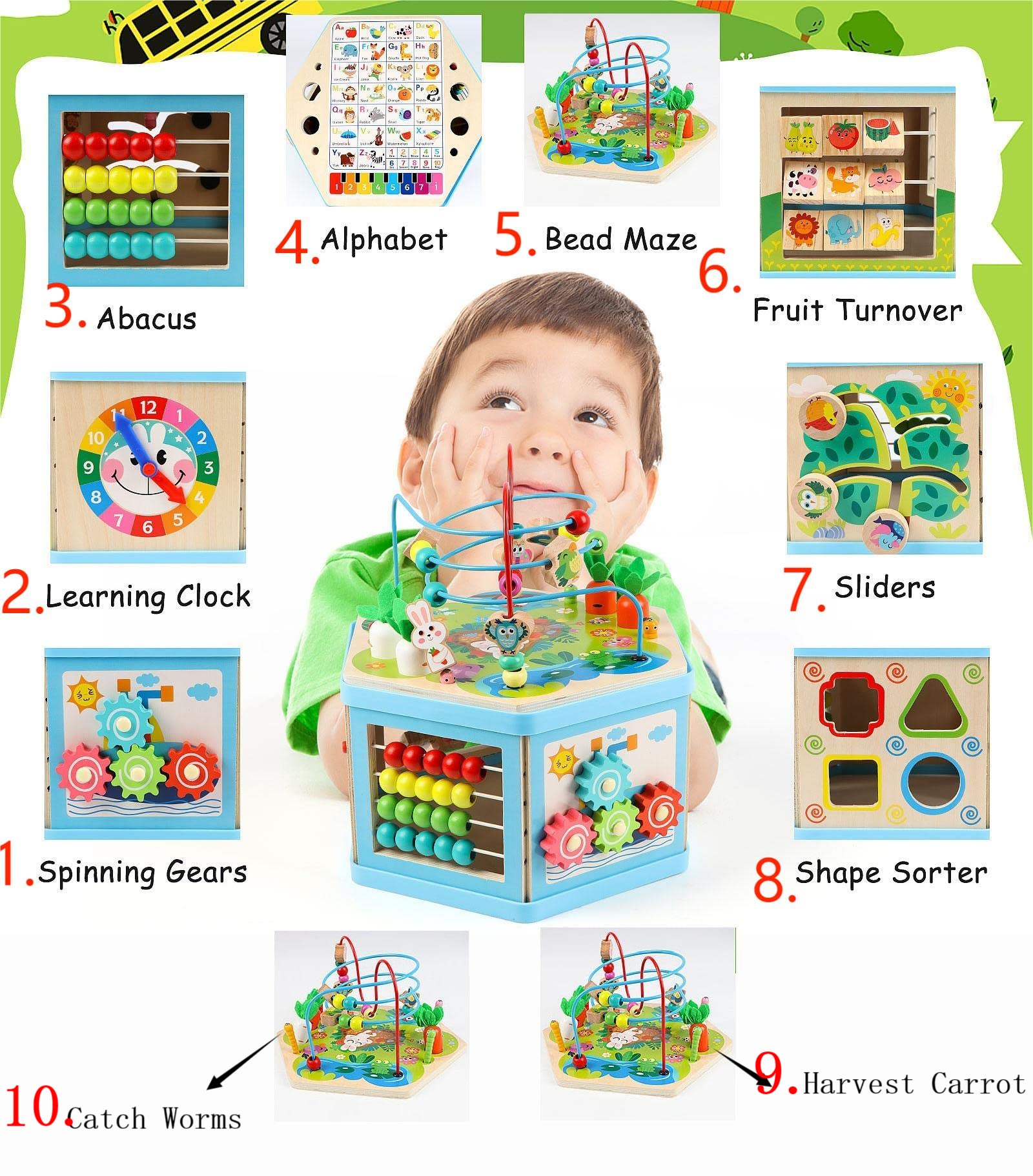Vomocent wooden activity cube spinning gears demonstrates cause and effect