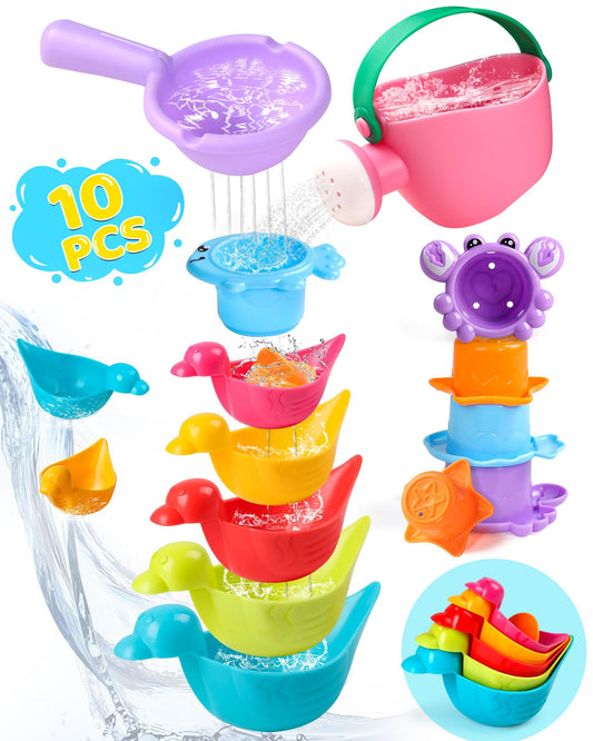 Voohek toddler bath toys with multi-color cups for stack-and-pour fun.