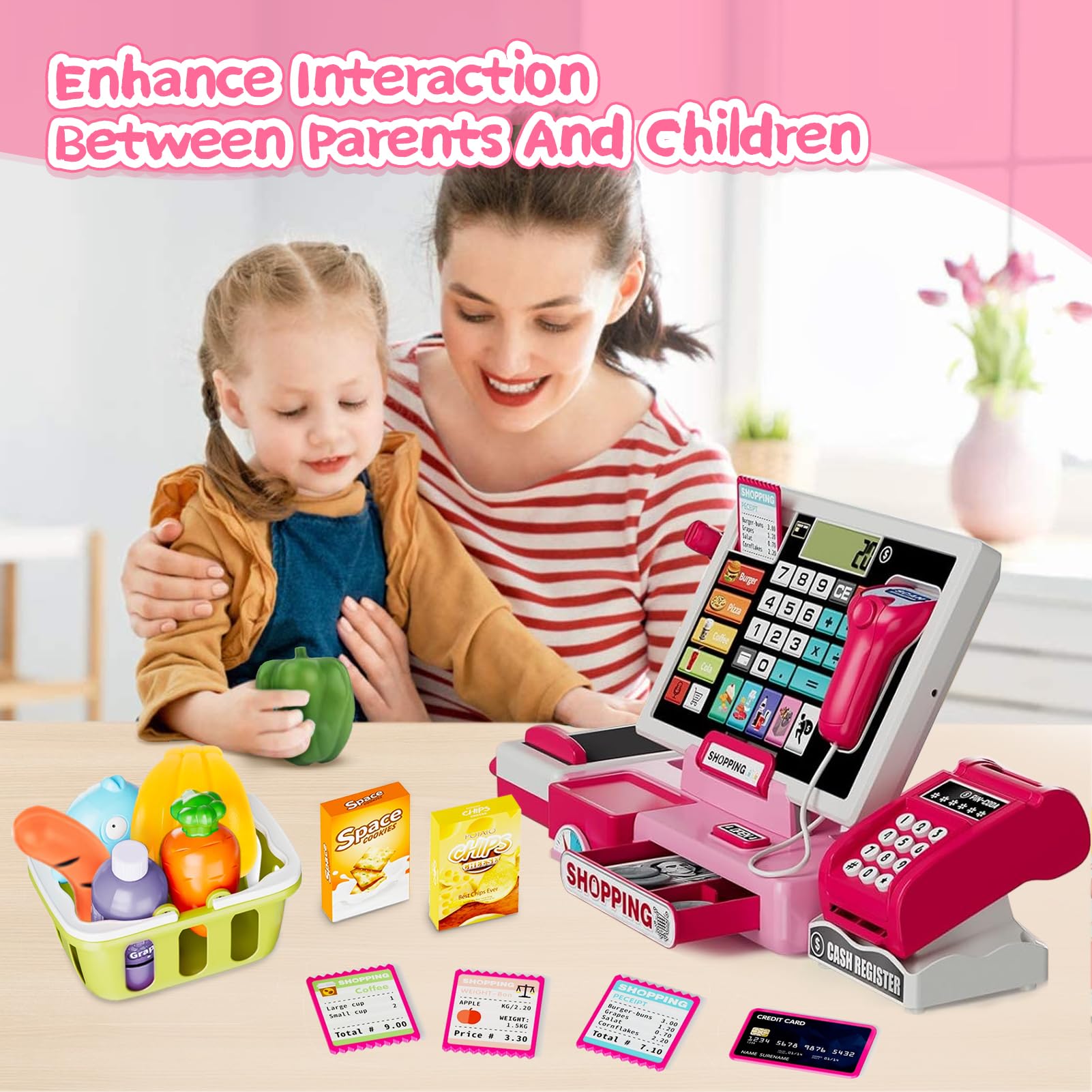 VOPOGLNE cash register playset conveyor and basket organize hands-on shopping.