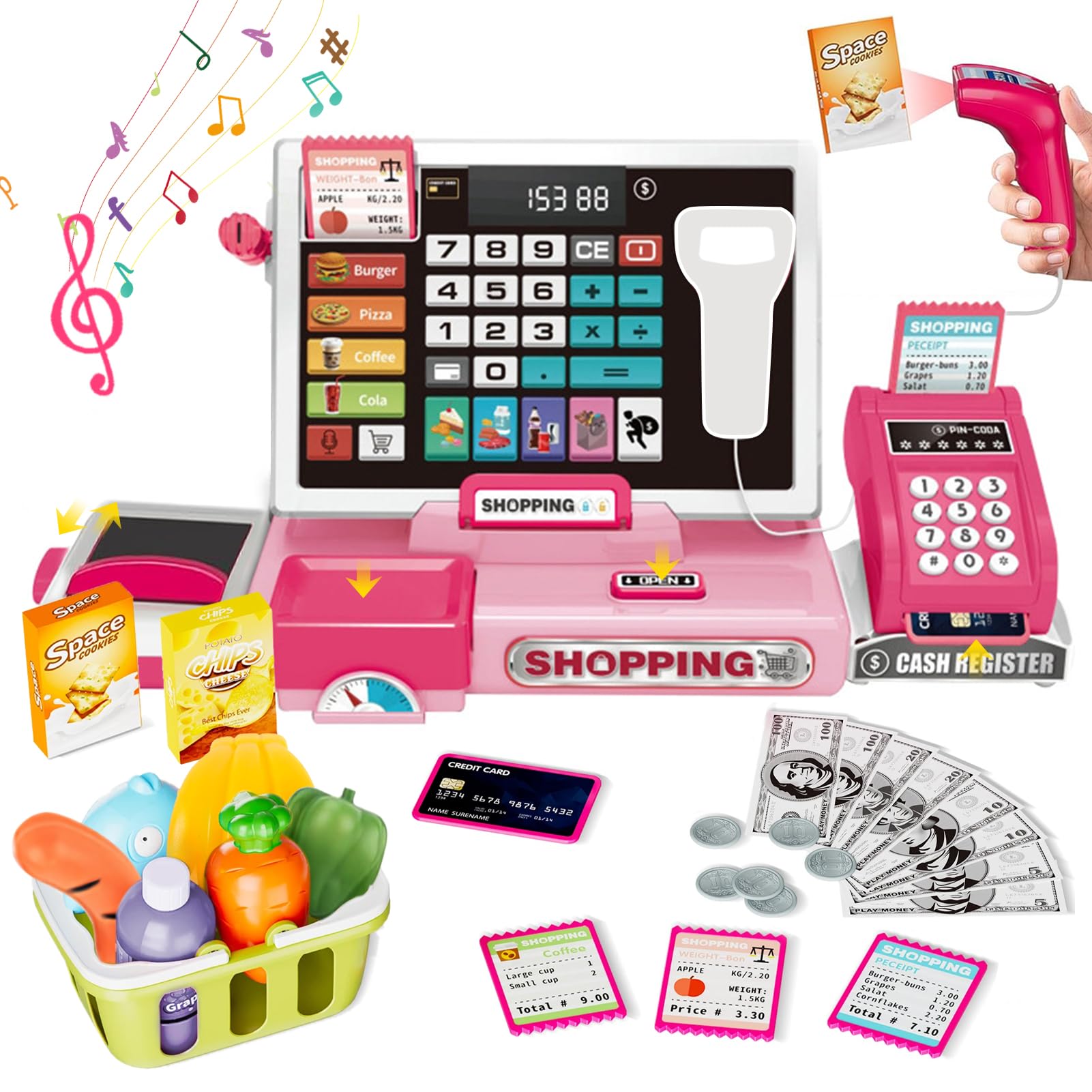 VOPOGLNE cash register playset front view for imaginative pretend shopping and counting.