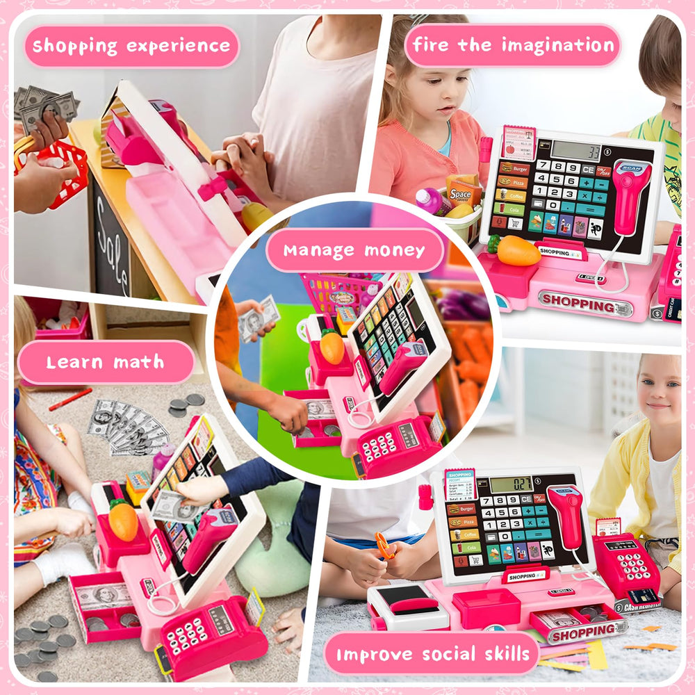 VOPOGLNE cash register playset money and cards enable pretend transactions.
