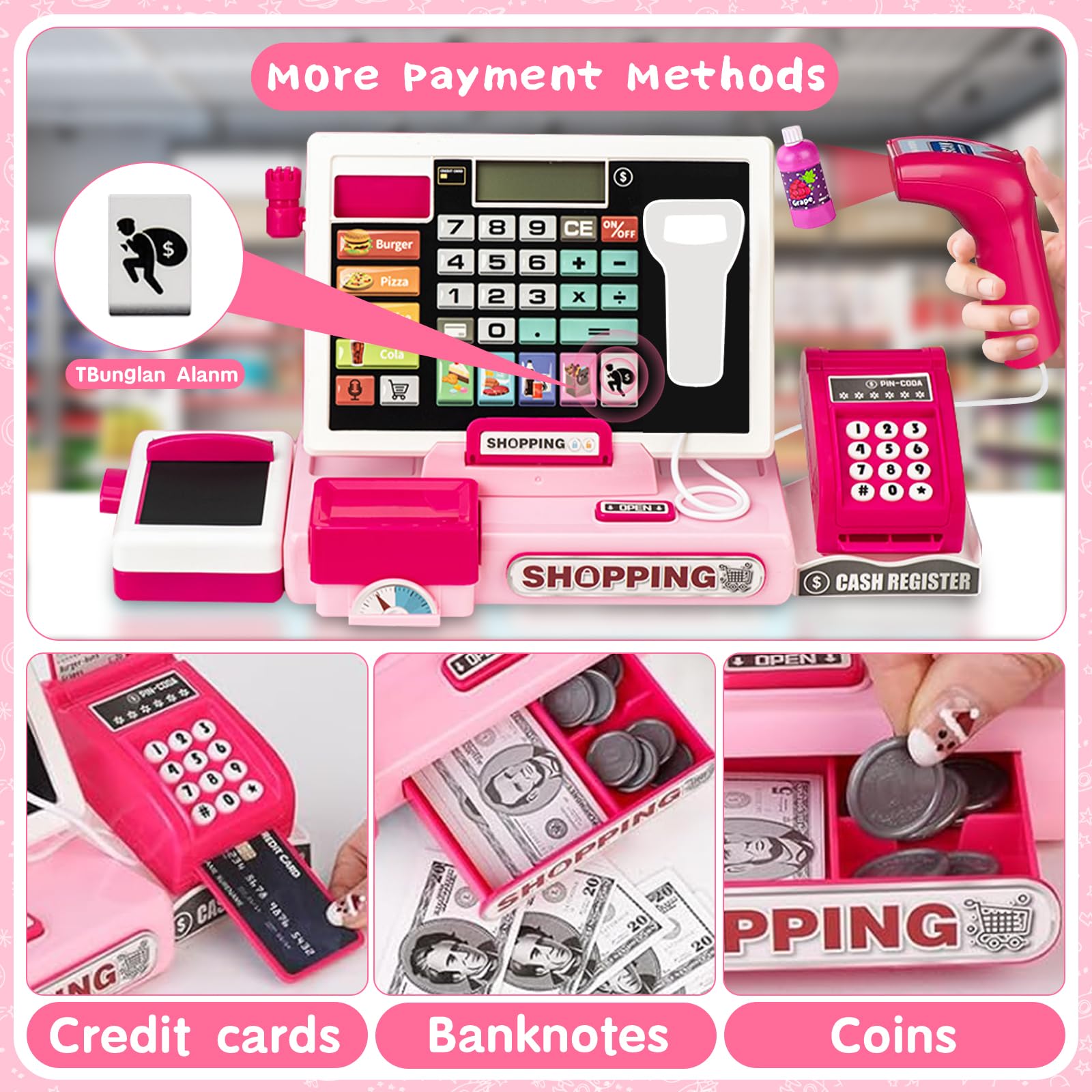 VOPOGLNE cash register playset scanner lights provide interactive checkout cues.
