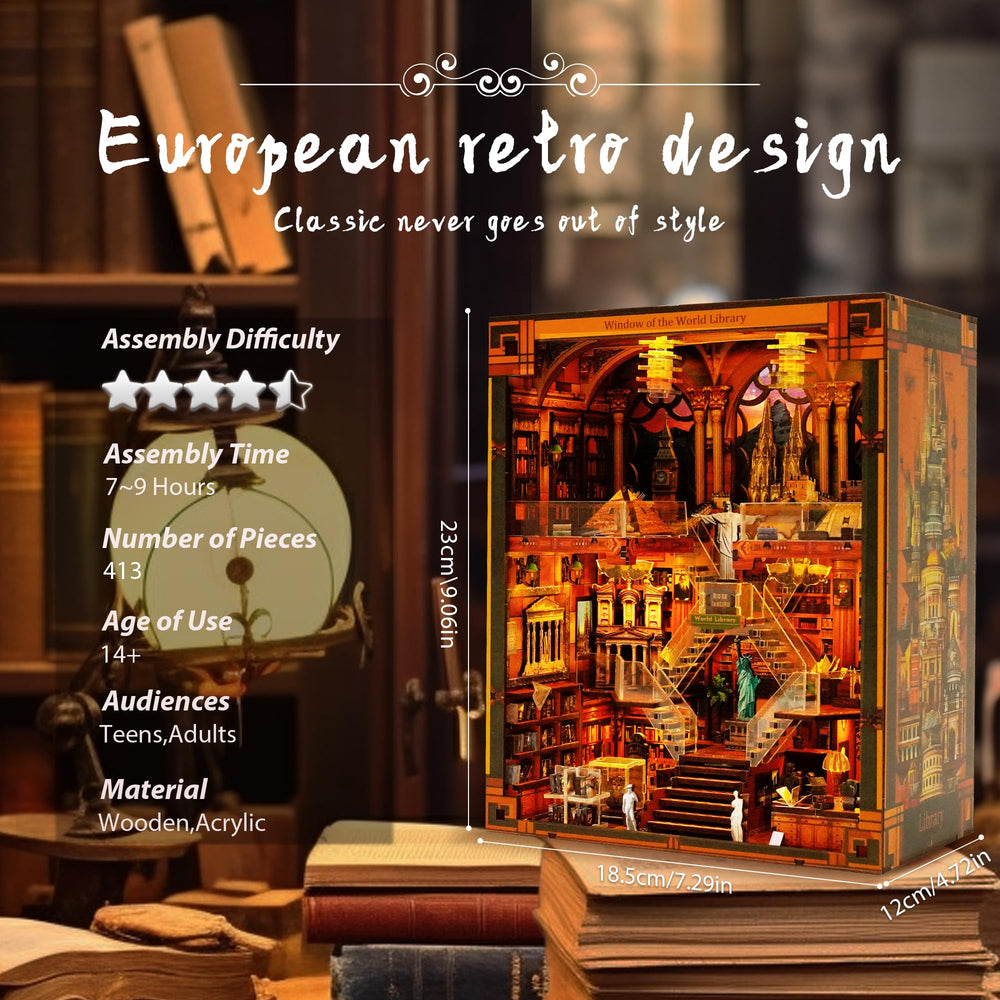 Vorathis World Library Book Nook glass staircase showcases craftsmanship in a compact display.