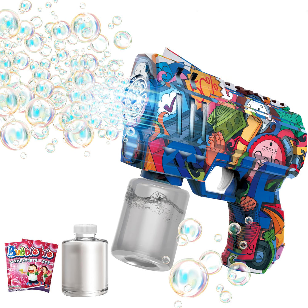 VORBLIX bubble gun with LED lights and six-hole nozzle in action for outdoor play