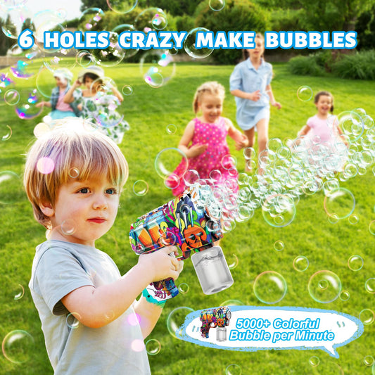VORBLIX bubble gun with a six-hole chamber for continuous bubbles.