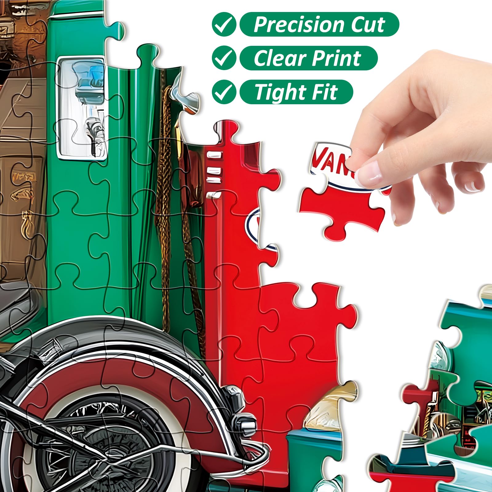 VoYouTwo retro car jigsaw detail with vivid colors for immersive puzzling sessions.