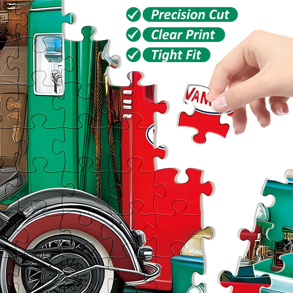 VoYouTwo retro car jigsaw detail with vivid colors for immersive puzzling sessions.