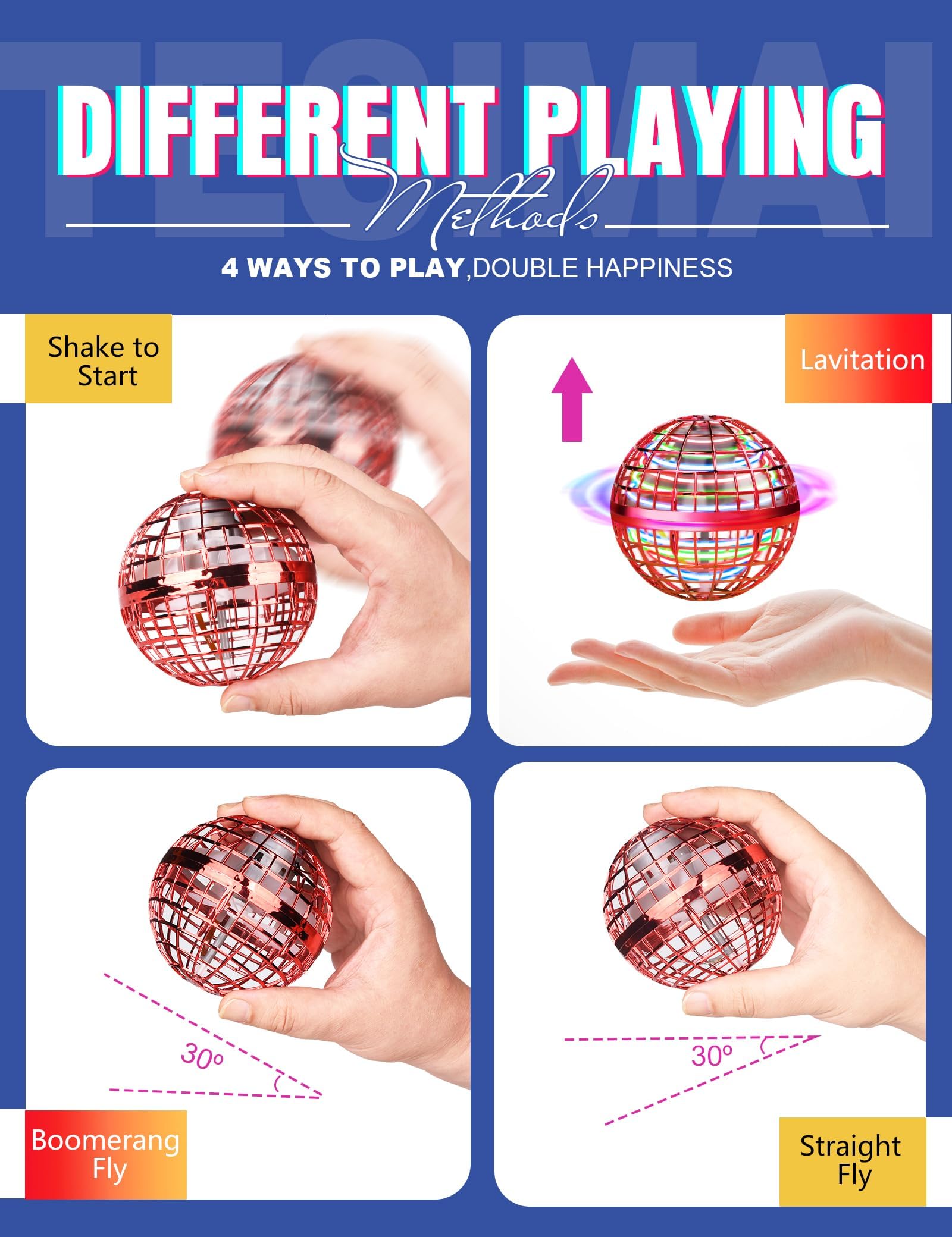Vrainito Flying Orb Ball side view blue red highlights portable fun