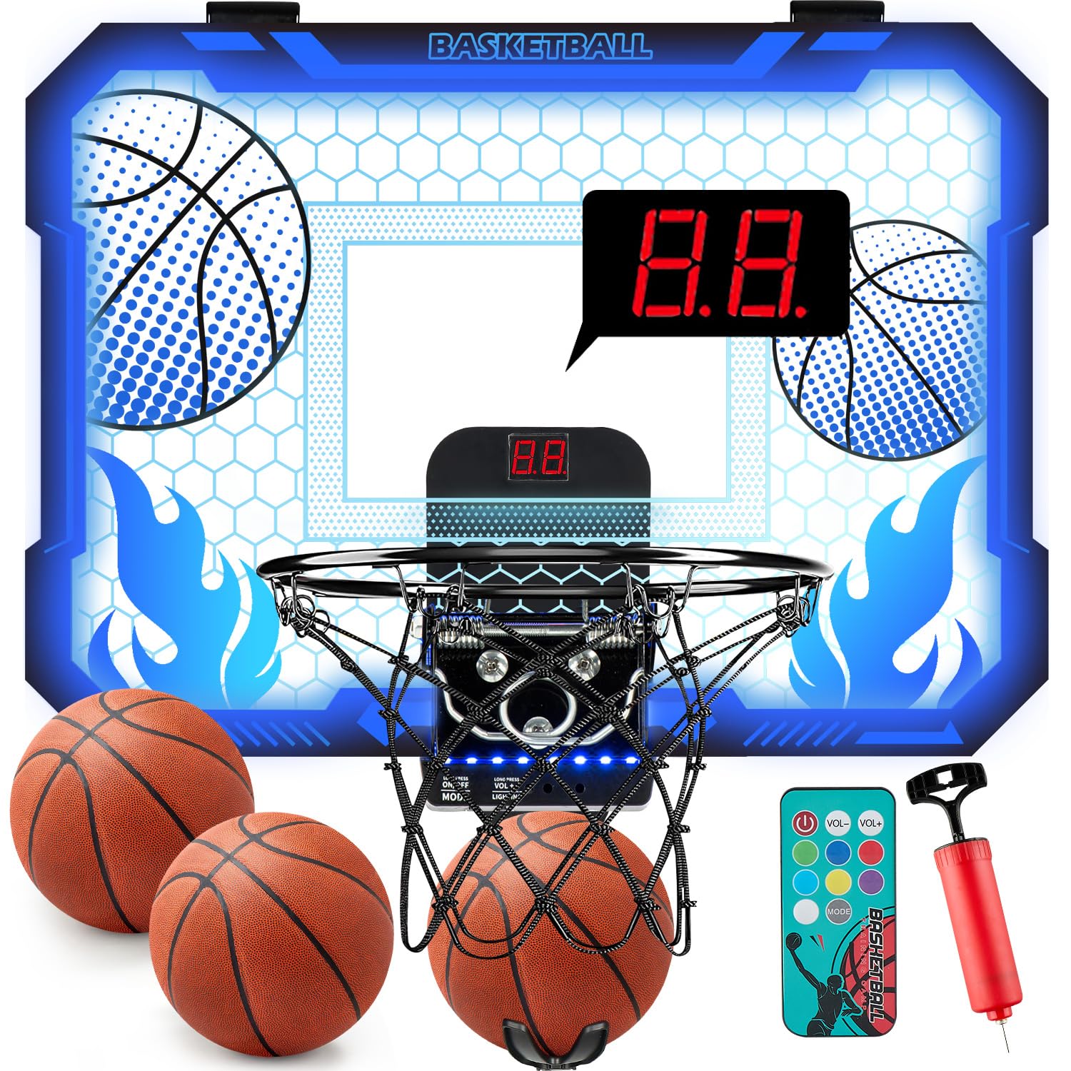 VROGTIK mini basketball hoop with LED over the door for indoor play.