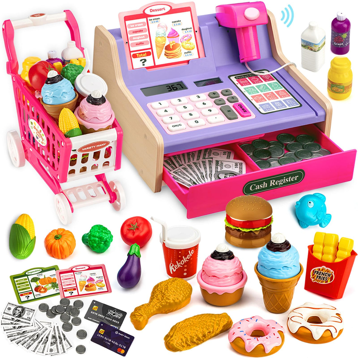 VROGTIK wooden cash register with shopping cart for realistic pretend shopping play