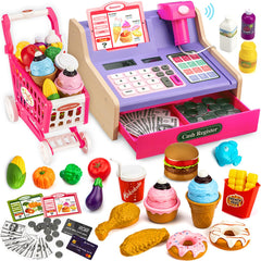 VROGTIK wooden cash register with shopping cart for realistic pretend shopping play