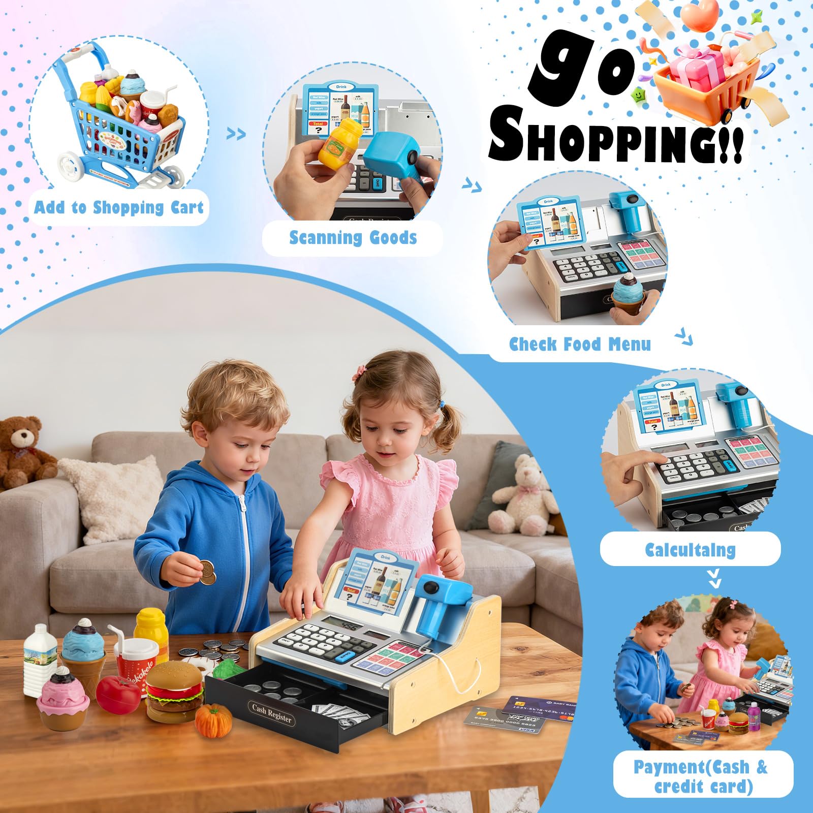 VROGTIK cash register with scanner and sounds encourages interactive pretend grocery play
