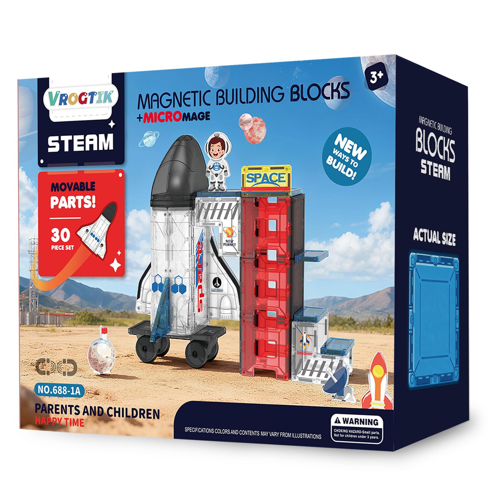 VROGTIK Space Theme Tiles rocket front with magnets enabling quick, secure building for kids.
